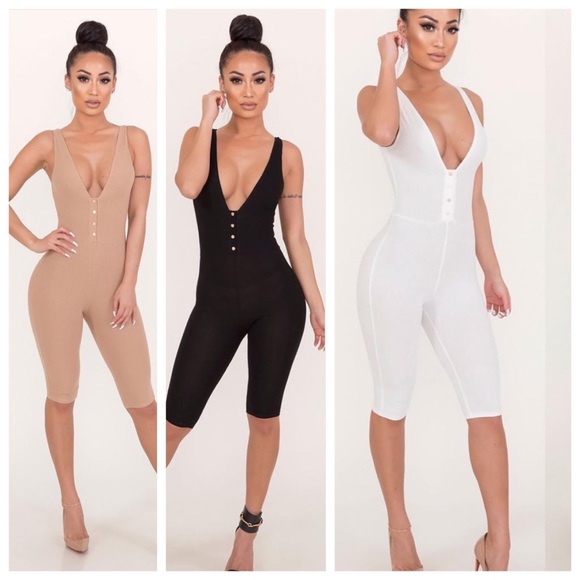 RIBBED LOW-V JUMPSUIT - WHITE - Picture 1 of 3
